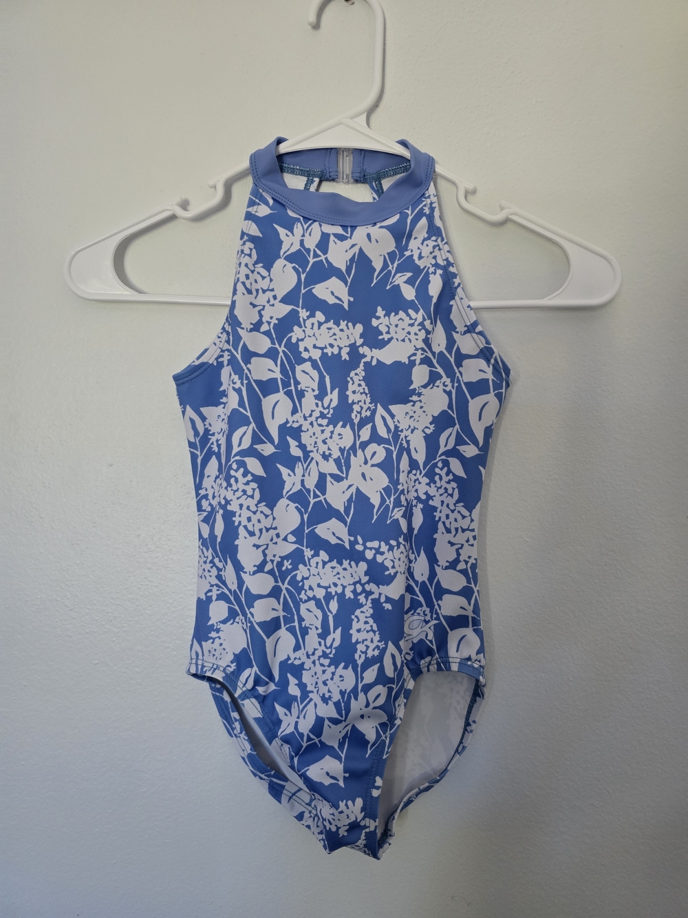GK Elite Gymnastics Leotard Child Medium CM Blue Floral Tropical Clip Neck